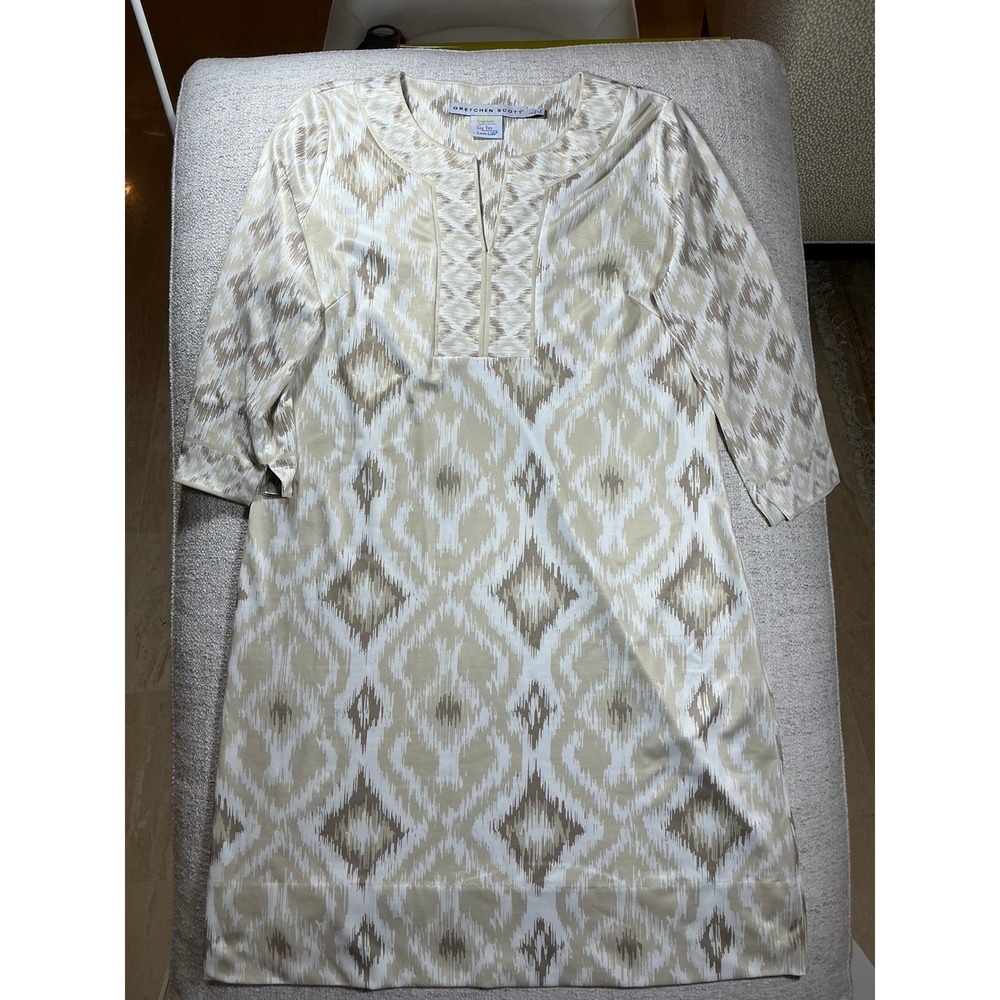Gretchen Scott Womens Tan White Ikat Print Split Neck 3/4 Sleeve Shift Dress L